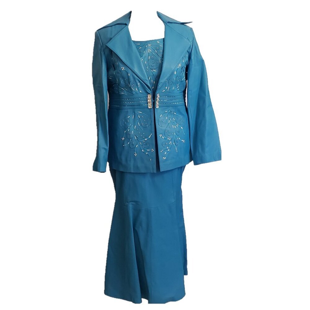 Donna Lepure NY Blue Lambskin Leather Embellished jacket/skirt size 2L Vintage